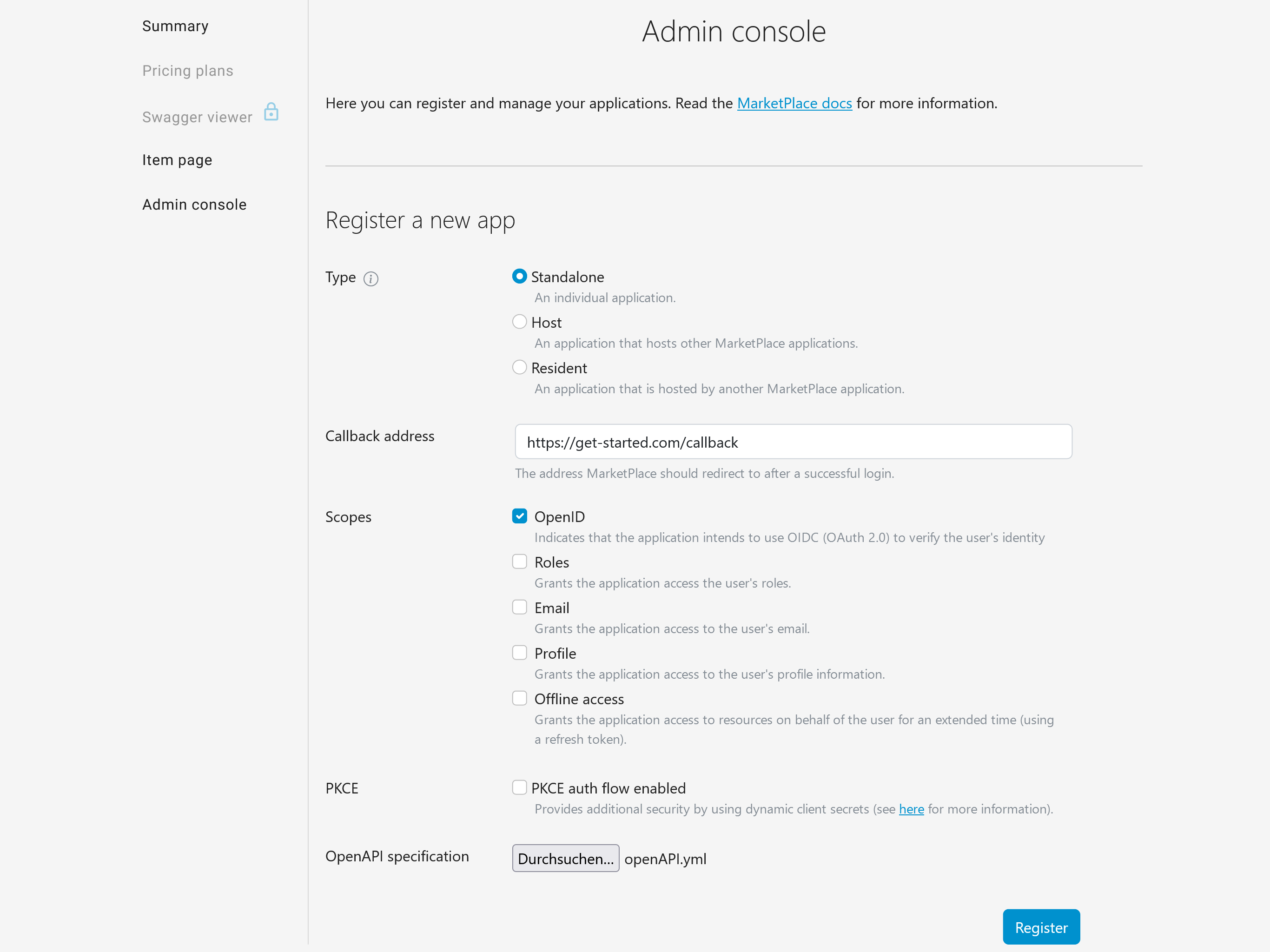 Registration input